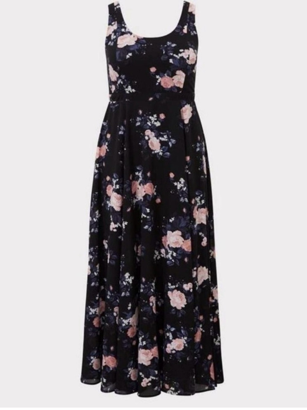 Floral Scoop Neck Black Maxi Dress with Pink Rose Print torrid short length